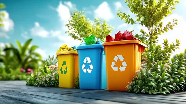 Spring cleanup. Recycling. Seasonal theme. A vivid, outdoor scene featuring a row of colorful recycling bins against a bright blue sky with fluffy white clouds.