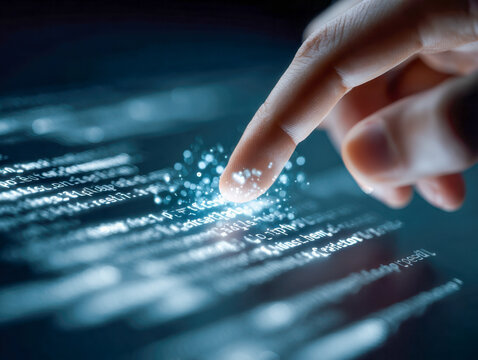 Human finger interacting with illuminated digital code on screen creating a futuristic dynamic effect representing technology and software development concepts - Powered by Adobe