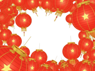 Vibrant red lanterns with golden stars isolated on transparent background
