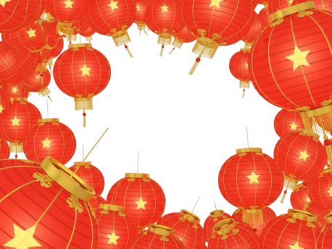 Vibrant red lanterns with golden stars isolated on transparent background - Powered by Adobe