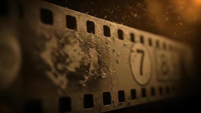 Old film countdown shows vintage number on dusty filmstrip. Film leader displays countdown number sequence. Vintage film strip with countdown number. Old filmstrip shows film countdown leader.