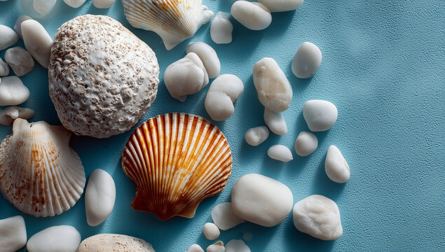 Seashells and Beach Stones on Blue Background
