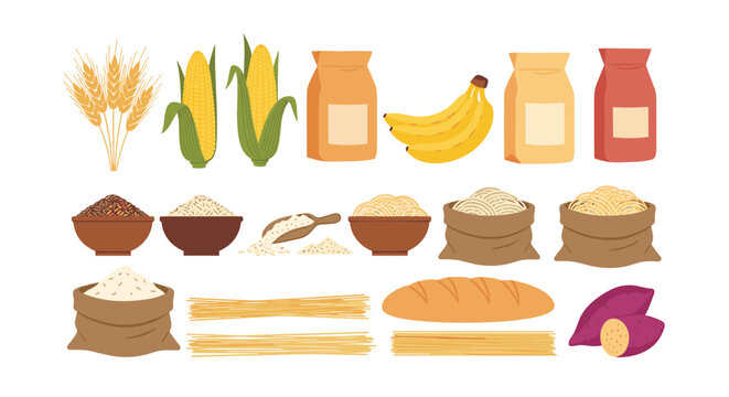 Assorted healthy carbohydrates including corn, wheat, bananas, rice, bread, and sweet potatoes displayed on a white background.