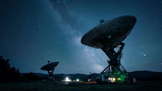 Hightech robotic arms calibrate satellite antennas under a starry night sky emphasizing smooth mechanical motion and glowing control panels.