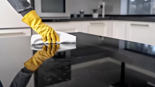 Spring cleanup. Recycling. Seasonal theme. A closeup shot of a persons hand wearing yellow rubber gloves, holding a white cloth. The person is wearing a gray longsleeved shirt.