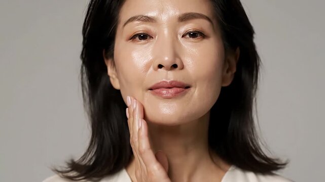 Happy 50s middle aged mature woman touching facial skin looking at camera pampering in mirror. Old healthy dry skin care beauty concept, skincare treatment, cosmetics and anti age plastic surgery.