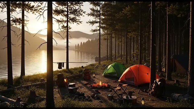 Serene forest campsite by tranquil lake at sunrise with adventure awaits.