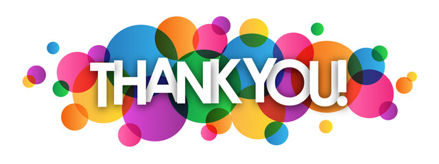 THANK YOU! white typography on colorful overlapping circles with transparent background