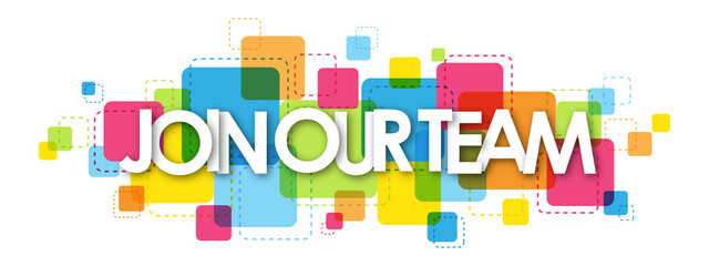 JOIN OUR TEAM typography banner with overlapping squares on transparent background