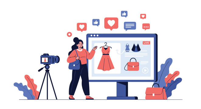 Fashion influencer stands in front of a camera and laptop screen to host a live shopping event for dresses and bags.