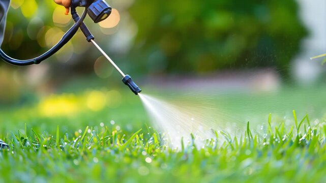 Professional applicator using pest control spray on vibrant green lawn for effective pest management