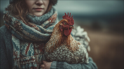 Woman in warm scarf holding chicken in her arms, rural life, coziness, autumn, farm, calmness, connection with nature.