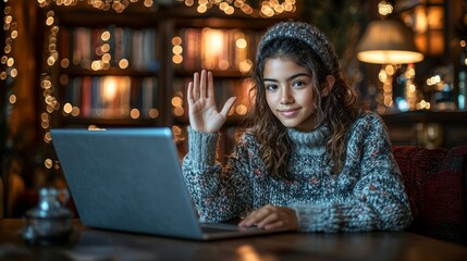 Young Woman Engaging in Online Conversation with Cozy Atmosphere
