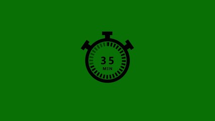 Black stopwatch showing thirty-five minutes with a progress indicator set against a solid, vibrant green background, symbolizing time duration or a countdown for an activity