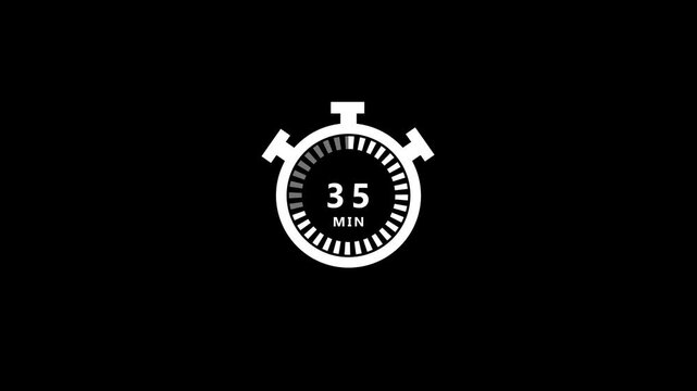 White stopwatch indicating thirty-five minutes with a progress segment, presented on a stark black background, representing time limits or durations