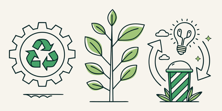 Recycling gear, a growing plant sprout, and an illuminated lightbulb above a biogas digester represent sustainability themes.