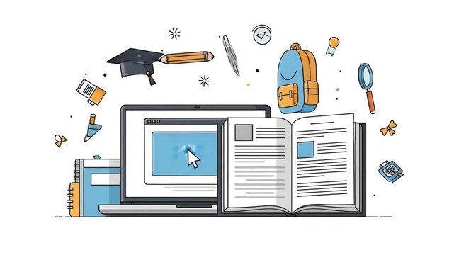 Education Concept Laptop Open Book Backpack Magnifying Glass Graduation Cap Pencil