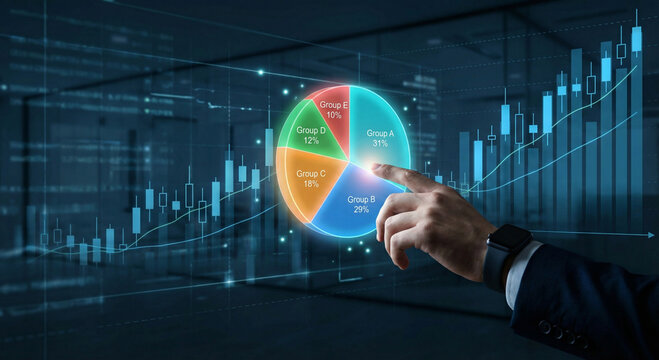 Businessman analyzing financial data on interactive pie chart display - Powered by Adobe