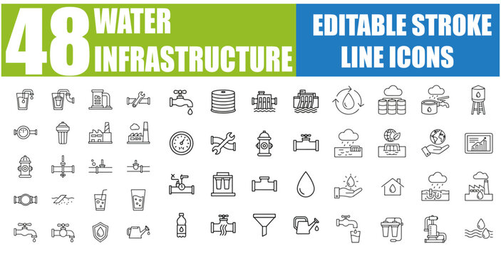 Set of 48 Outline Icons Related to Water Infrastructure - Water Treatment Plant, Pipeline, Pump, Reservoir, Dam, Sewage System, Hydrant, Irrigation, Filtration, Purification and More - Linear Icon Col