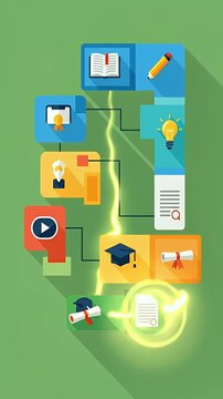 Education Icons Flowchart Animation With Light Bolt And Graduation Cap