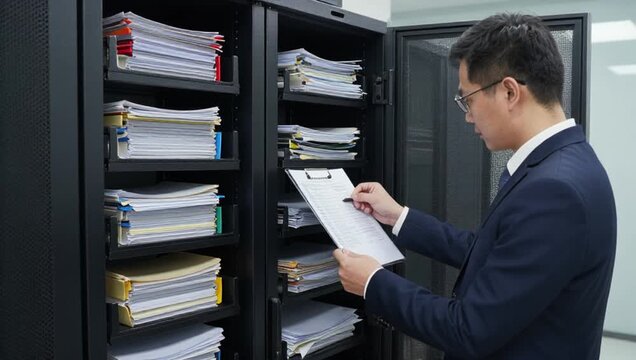 man suit standing front filing cabinet filled files papers holding paper pen hands