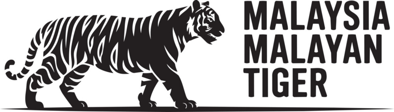 Malaysia malayan tiger vector illustration, predatory mammal silhouette, striped cat logo design