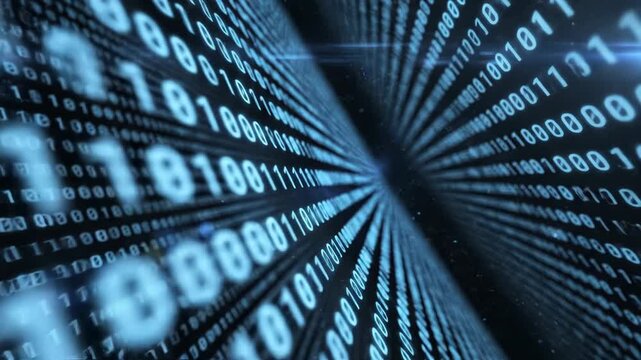Abstract blue binary code tunnel with glowing numbers and data stream