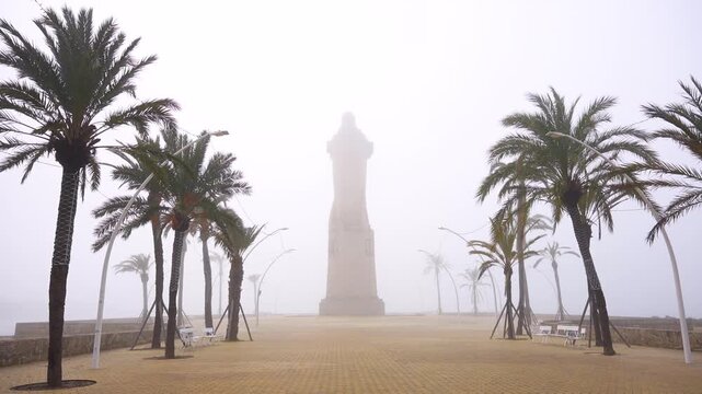 Huelva, Punta del Sebo, Columbus Monument and the discoverers under the fog
