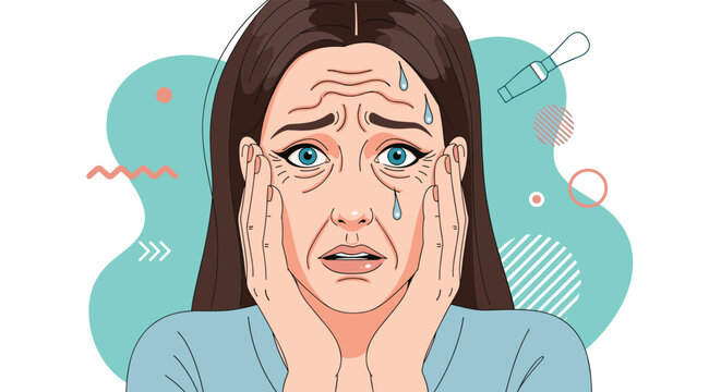 Mature woman looking stressed and sweating while experiencing hot flashes related to menopause or high fever.