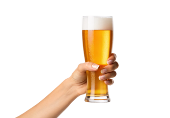 Hand holding tall glass of golden beer with foam head and condensation, isolated on a transparent background