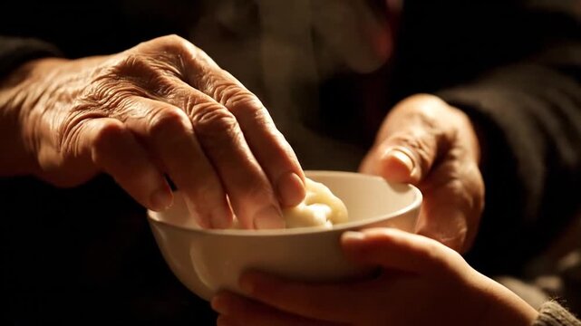 Elderly hands carefully place a freshly steamed, hot dumpling into a small white bowl held by younger hands, symbolizing care, sharing, and delicious homemade food.