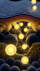 Bright yellow glowing nanoparticles deeply penetrate the human skin surface and underlying dermal layers, illustrating advanced cosmetic skincare product absorption for cellular rejuvenation and