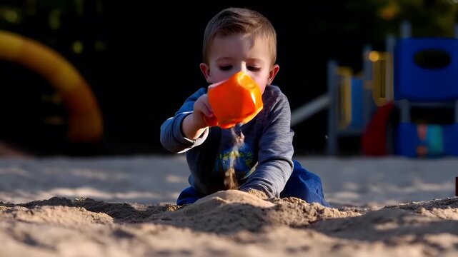A young child is playing in a sandbox with a toy. The child is wearing a blue longsleeved shirt and blue pants. The sand is a mix of brown and beige.