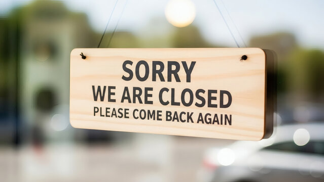 Detailed shot of a wooden 'SORRY WE ARE CLOSED PLEASE COME BACK AGAIN' sign hanging on a shop window on a bright day, communicating temporary business closure, high-key bokeh background.