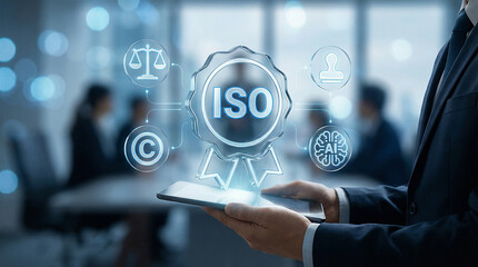 Naklejka premium Businessman holding tablet with ISO certification icons floating above