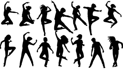 Fototapeta premium Energetic silhouettes of diverse individuals expressing joy and motion through dynamic dance poses