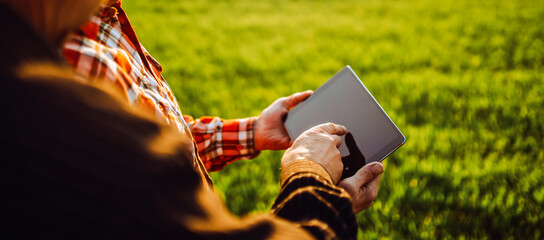 Two experienced farmers are standing in a field holding a digital tablet. Close-up. Agronomists are...