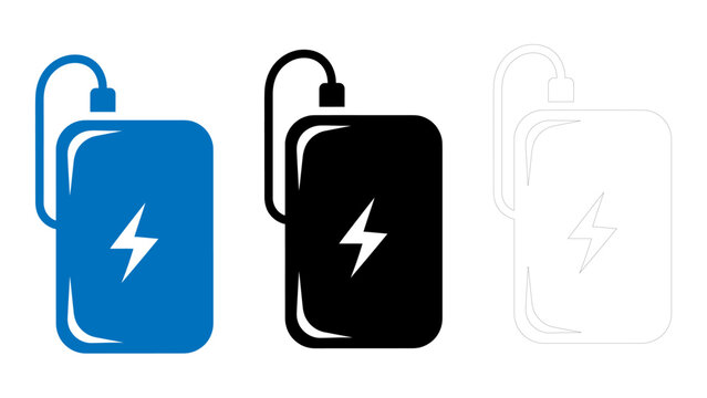 Power bank portable charger battery icon set essential charging device energy storage symbol