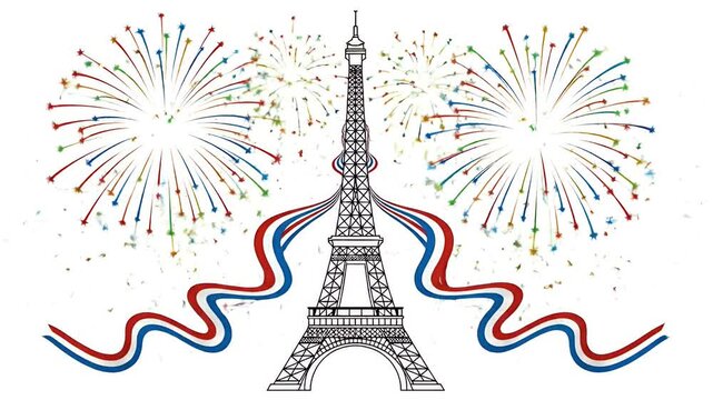 Eiffel Tower Fireworks Celebration France Patriotic Colors Animation Loop