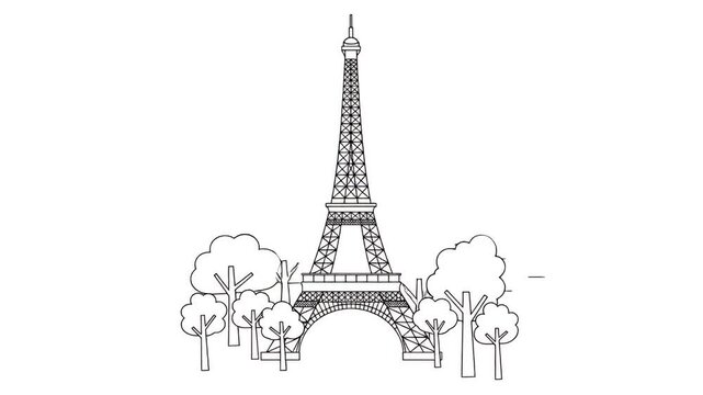 Eiffel Tower Outline Drawing Surrounded by Trees in Paris France