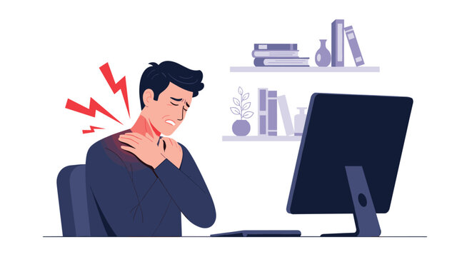 Professional man working at a computer experiencing severe neck and shoulder pain highlighted by red lightning bolt symbols.