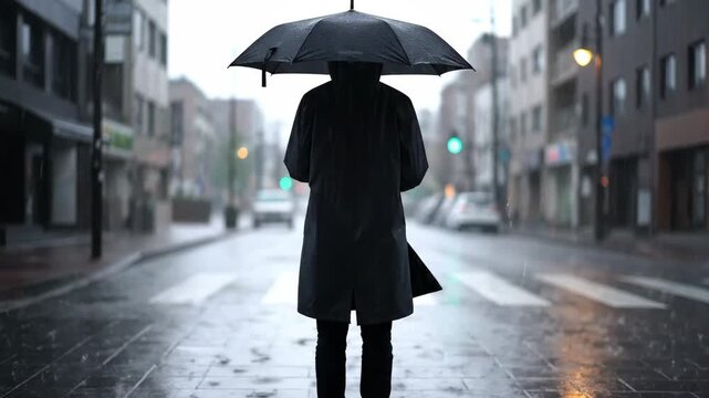 A person in a black raincoat holds an umbrella, standing on a wet city street as rain falls, creating a moody urban scene.
