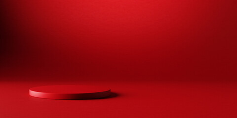Red podium table top with spot light for product placement mockup. Valentine's day background.