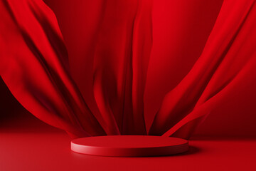 Red podium with silk flowing fabric for beauty, fashion, cosmetic luxury brand. Valentine's day background for product placement mockup template.