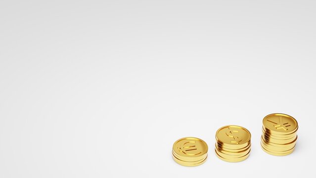 Rising stacks of gold coins with large copy space on white background. Financial planning and saving in Japan