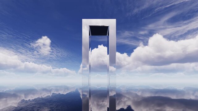3D animation of white clouds floating in a blue sky over calm water, with a massive silver futuristic arch in the center. Peaceful and surreal scene. Simple panoramic landscape