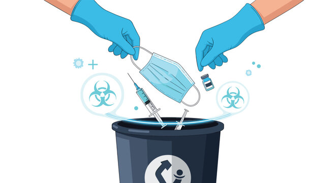 Healthcare professional wearing blue gloves disposing of used medical waste like masks and syringes into a biohazard bin.