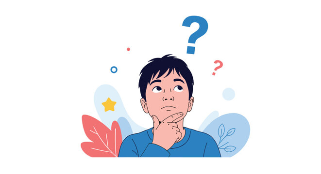 Young boy with a thoughtful expression touching his chin while surrounded by colorful question marks symbolizing curiosity and learning.