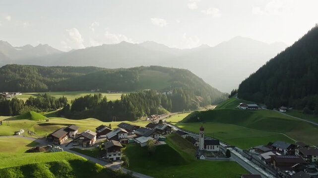 Cityscape Otztal Umhausen Austria. Mountain villages in the Alps tourist points of Europe.