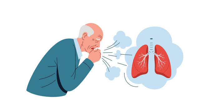 Elderly man coughs into his hand with an anatomical lung icon beside him, illustrating symptoms of pneumonia or respiratory illness.